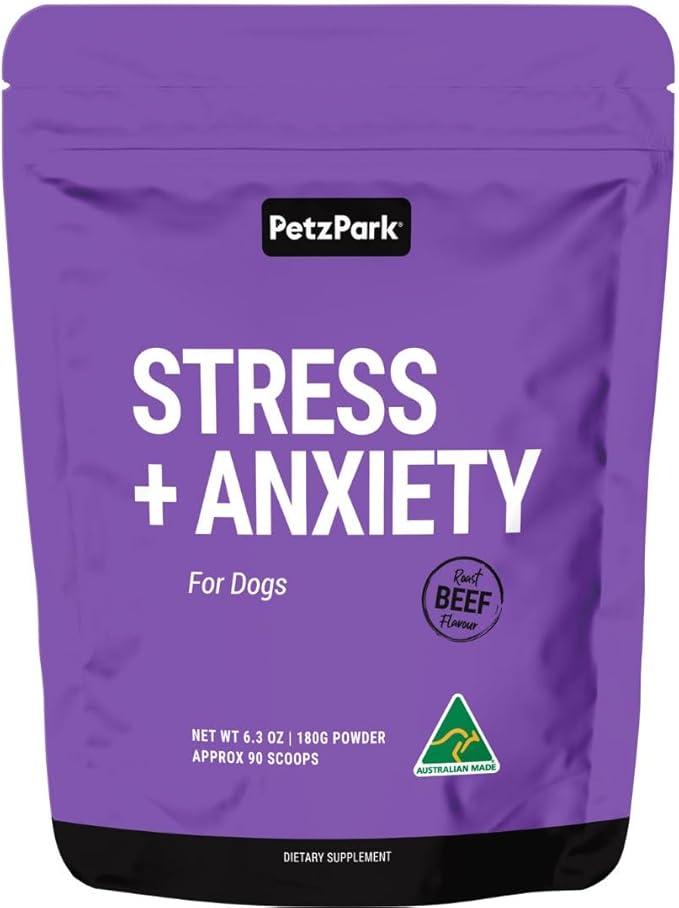 Stress and Anxiety Supplement for Dogs - Calming Dog Powder Supplement - Decreases Stress, Calms Fear & Anxiety, Eases Aggression & Insomnia, Relaxes Body and Mind - Beef Flavour - 6.4oz - 90 Scoops
