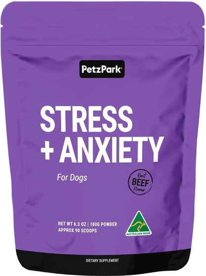 Stress and Anxiety Supplement for Dogs - Calming Dog Powder Supplement - Decreases Stress, Calms Fear & Anxiety, Eases Aggression & Insomnia, Relaxes Body and Mind - Beef Flavour - 6.4oz - 90 Scoops