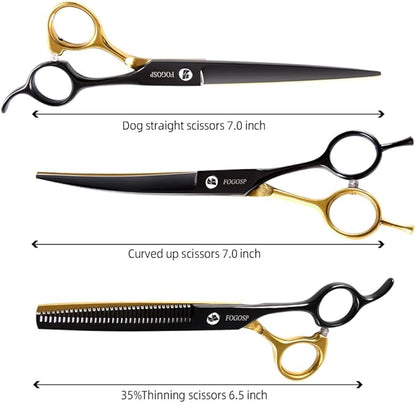 Dog Grooming Scissors Kit for Small Dogs, Black and Gold Two-Color Blender Shears Curved Scissors Straight Scissors 3pcs Set(Black&Gold,Kit)