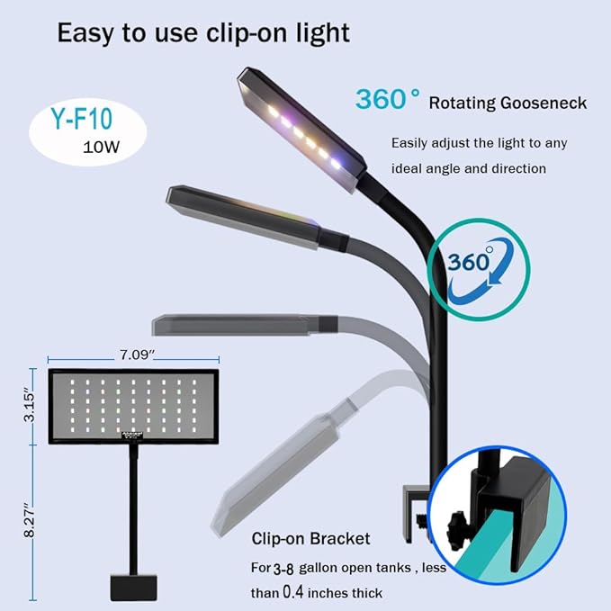 Clip-On Aquarium Light 10W Full Spectrum LED Nano Fish Tank Light with Timer & Dimmer and 3 Lighting Modes for Freshwater Plants & Tropical Fish Ideal for 8-20 Inch Tanks (3-8 Gallons)