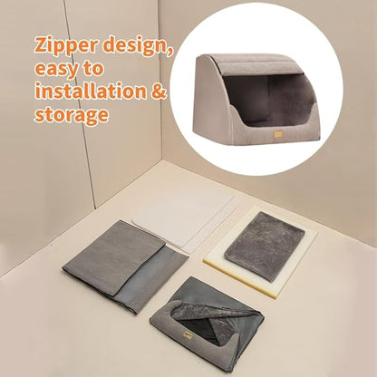 Large Dog House Indoor, Soft Plush Dog Cave Bed Covered Dog Bed with Fluffy Washable Cushion, Portable Dog/Cat Pet Tent House for Small Medium Dogs (Grey, Medium)