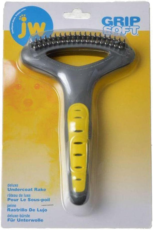JW Pet Company GripSoft Double Row Undercoat Rake Dog Brush, Black, Yellow, 1