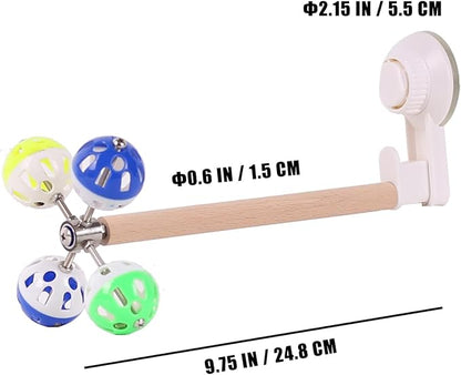 Window Suction Cup Bird Perch Toy for Parakeet, Movable Parrot Stand with Rotating Balls Bells for Window Mirror Glass Mount, Spinning Perch Toy (White, Suction Cup)