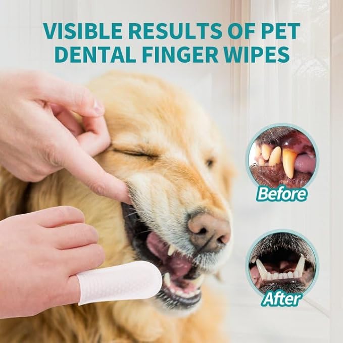 PITHER Dog Teeth Cleaning Wipes, Pet Dental Finger Wipes for Dogs & Cats Disposable Gentle Dog Teeth Cleaning Pads Tooth Brushing Kit Freshen Bad Breath Remove Plaque & Tartar Buildup 50 Counts