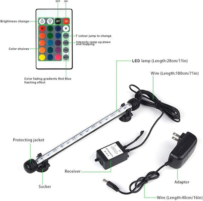 Fish Tank Lights, LED Aquarium Lights RGB Waterproof Color Changing Adjustable Memory Submersible Remote Control Underwater Aquarium Tank Hood Strip Lamp Waterfall Lights, 11 inch