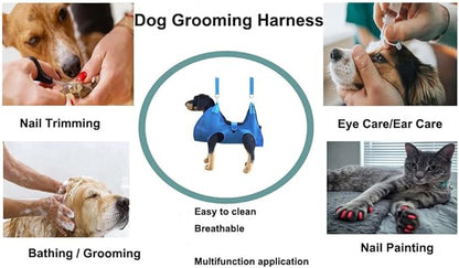 Dog Grooming Hammock with Flea Comb and Dog Nail Clipper, Pet Dog Grooming Hammock Harness with Cat Nail Clipper, Nail File and Dog Brush, Dog Sling for Nail Clipping/Nail Trimming (XS, Blue)