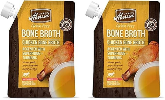 Merrick Grain Free Bone Broth, Premium Human Grade And Gluten Free Dog And Cat Food Topper Pouches, Chicken - 16 oz. Pouch. (Pack of 2)