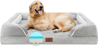 Memory Foam Cooling Dog Bed, Orthopedic Dog Beds for Extra Large Dogs, XL Dog Bed with Removable Cover, Waterproof Pet Bed Large with Bolster(X-Large,Light Grey)