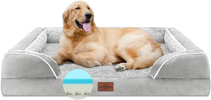 Memory Foam Cooling Dog Bed, Orthopedic Dog Beds for Extra Large Dogs, XL Dog Bed with Removable Cover, Waterproof Pet Bed Large with Bolster(X-Large,Light Grey)