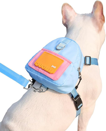 Dog Backpack Harness with Leash,Cute Pet Puppy Backpacks Bulid-in Dog Poop Bag Dispenser,Adjustable Pets Self Carrier Bag for Small Medium Dogs Travel Hiking Daily Walking (M, Blue)