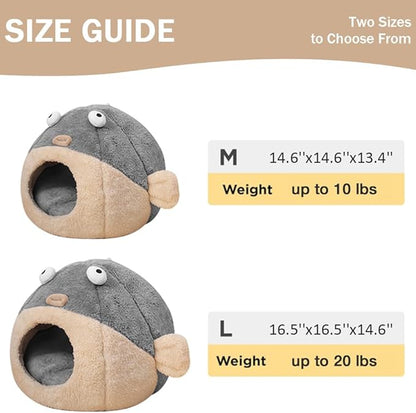 Cat Beds for Indoor Cats - Cat Bed Cave with Removable Washable Cushioned Pillow,2 in 1 Super Soft cat Tent for Kitten and Small Cats, Lively Pufferfish Animal-Shape & Furniture, Grey Multiple Sizes