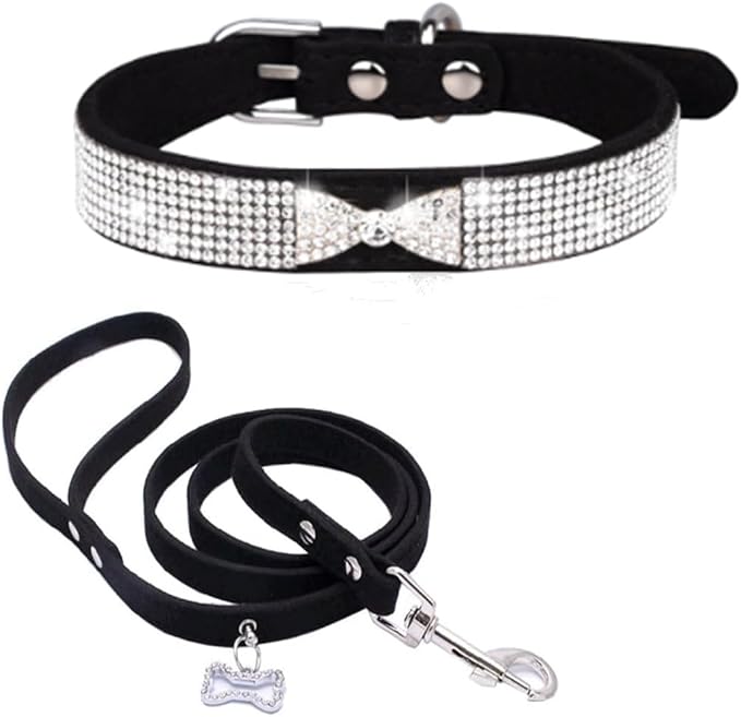 Diamond Dog Collars for Small Dogs, Rhinestone Puppy Collars with Leash, Sparkly Bling Jeweled Crystal Cat Collars for Girls Female XXS XS Small Medium Large Dogs Black S