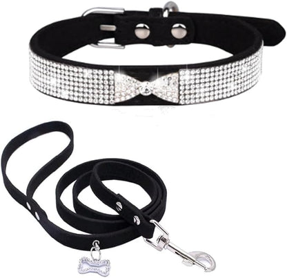 Diamond Dog Collars for Small Dogs, Rhinestone Puppy Collars with Leash, Sparkly Bling Jeweled Crystal Cat Collars for Girls Female XXS XS Small Medium Large Dogs Black M