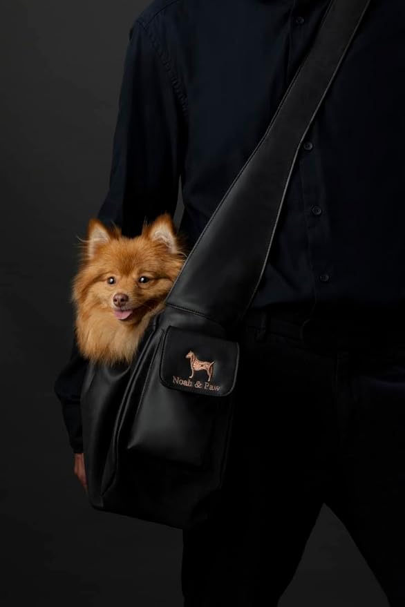 Noah & Paw Dog Sling Carrier for Small Dogs 5-18lb, Dog Sling for Small Dogs and Cats, Dog Carrier with Adjustable Padded Strap, Vegan Leather Lined with Fur, Double Safety Feature, Machine Washable