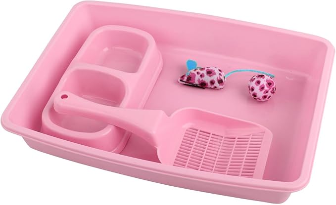 PAWISE Small Cat Litter Box, Kitten Litter Box Starter Kit, Low Entry Baby Kitten Training Litter Box with Scoop, Bowls,Cat Mouse Toy and Cat Ball Toy,First Catty Owner Essentials(Pink)