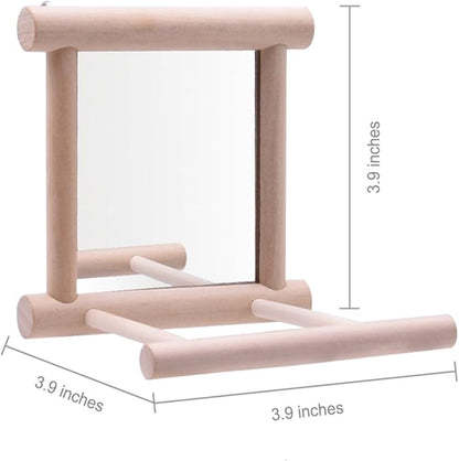 HANZE Bird Mirror Swing with Rattan Ball | Natural Wood Parrot Toy with Metal Hooks for Macaws, Cockatiels, Parakeets, Lovebirds | Safe Chewing & Mental Stimulation