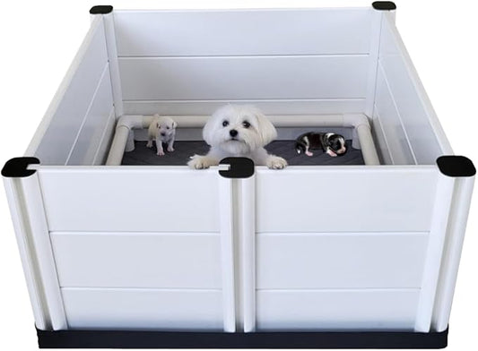 Whelping Box & Puppy Playpen – Upgraded Reinforced Design with Easy-Open Door, Pig Rails, Waterproof Pee Pad & Oxford Floor Liner – Indoor/Outdoor, Easy to Clean (White, Premium 36" x 36" x 18")