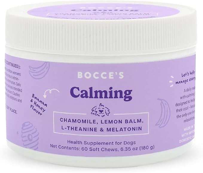 Bocce's Bakery Calming Supplement for Dogs, Daily Chews Made in The USA with Chamomile, Lemon Balm, L-Theanine & Melatonin, Supports Stress, Banana & Honey, 60 ct