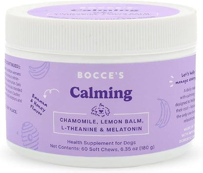 Bocce's Bakery Calming Supplement for Dogs, Daily Chews Made in The USA with Chamomile, Lemon Balm, L-Theanine & Melatonin, Supports Stress, Banana & Honey, 60 ct