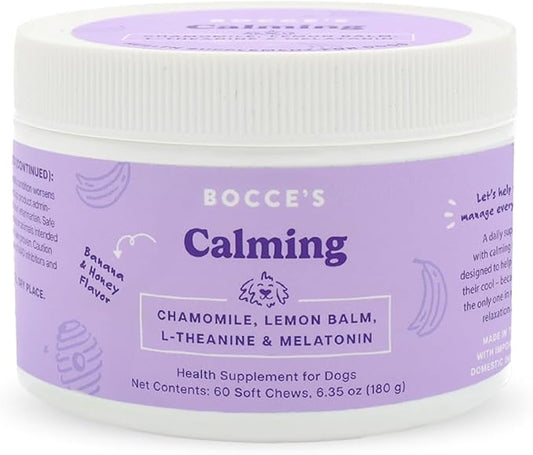 Bocce's Bakery Calming Supplement for Dogs, Daily Chews Made in The USA with Chamomile, Lemon Balm, L-Theanine & Melatonin, Supports Stress, Banana & Honey, 60 ct
