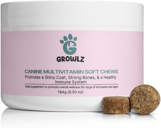 Growlz Dog Multivitamin Chews: Helps Digestion, Muscle and Bone Growth, Healthy Skin and Coat - Salmon Oil - Glucosamine - Gut and Immune Support - USA Made - 90 Count
