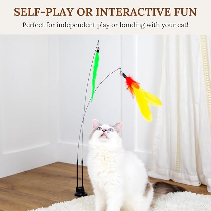 Cat Wand Toy With Suction Cups Interactive Feather Teaser Wand With Worms & Catnip Lizard Snake Chew Toys Cat Toys For Indoor Cats & Kittens Enrichment Toy For Bored Cats With 6 Colorful Attachments