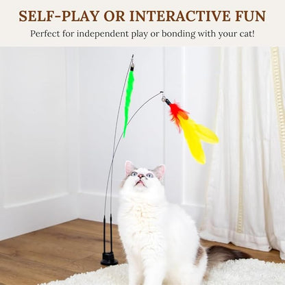 Cat Wand Toy With Suction Cups Interactive Feather Teaser Wand With Worms & Catnip Lizard Snake Chew Toys Cat Toys For Indoor Cats & Kittens Enrichment Toy For Bored Cats With 6 Colorful Attachments