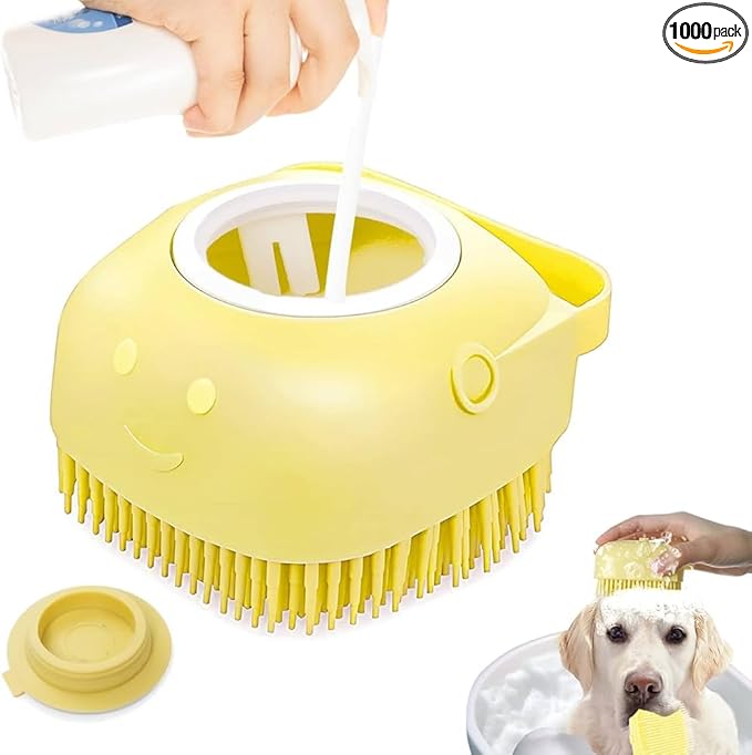 Dropshipping Soft Safe Silicone Pet Bathroom Massage Cleaning Grooming Tools Dog Cat Bath Brush with Shampoo Box (Yellow), Small