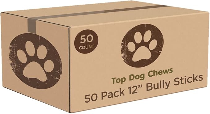 Top Dog Chews - 12 Inch Bully Sticks 50 Pack- Long Lasting, Free Range, All Natural Dog Treat, Single Ingredient, Rawhide Free, Great for Aggressive Chewers, Bulk Dog Treats.