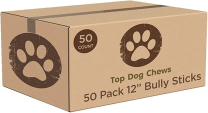 Top Dog Chews - 12 Inch Bully Sticks 50 Pack- Long Lasting, Free Range, All Natural Dog Treat, Single Ingredient, Rawhide Free, Great for Aggressive Chewers, Bulk Dog Treats.