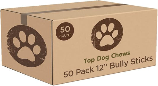 Top Dog Chews - 12 Inch Bully Sticks 50 Pack- Long Lasting, Free Range, All Natural Dog Treat, Single Ingredient, Rawhide Free, Great for Aggressive Chewers, Bulk Dog Treats.