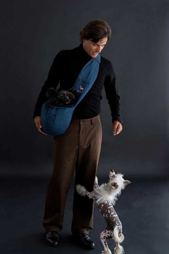 Noah & Paw Dog Sling Carrier for Small Dogs 5-18lb, Dog Sling for Small Dogs and Cats, Dog Carrier with Adjustable Padded Strap, Vegan Denim Lined with Fur, 3X Safety Features, Machine Washable