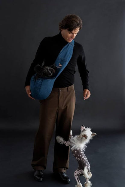Noah & Paw Dog Sling Carrier for Small Dogs 5-18lb, Dog Sling for Small Dogs and Cats, Dog Carrier with Adjustable Padded Strap, Vegan Denim Lined with Fur, 3X Safety Features, Machine Washable