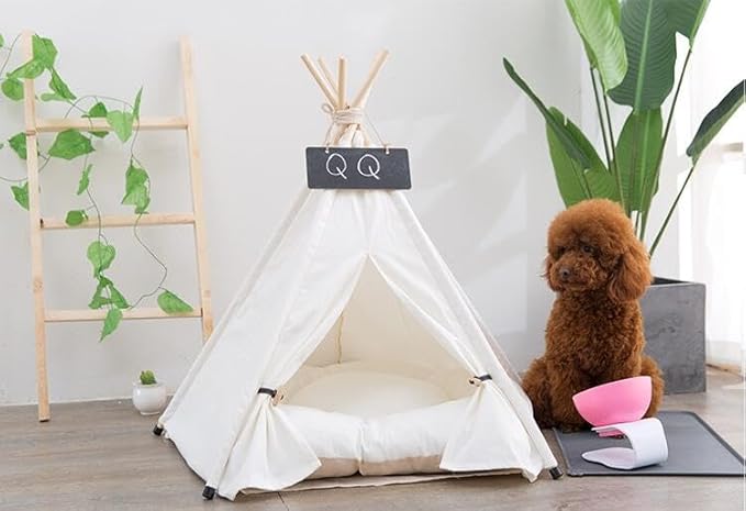 Dog Teepee Bed Cat Tent Portable Houses Pet Puppy with Thick Cushion (M:Size fits 9kg/20lbs (Pets))