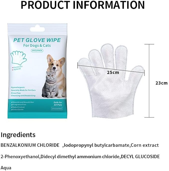 Pet Glove Wipes, Rinse Free, Cleaning & Deodorizing Bathing, Wipes for Animals Dogs, Cats, Pet Cleaning Gloves Wipes for Daily Care, Traveling, Hypoallergenic, 6Pcs, 1 Pack