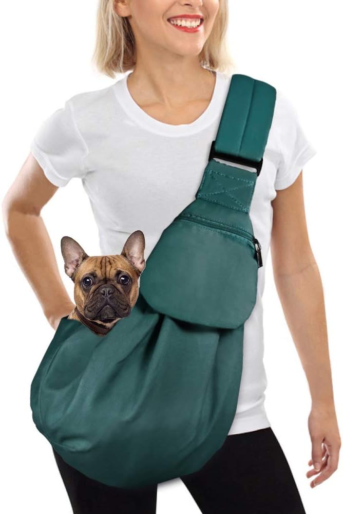 Dog Padded Papoose Sling, Small Pet Sling Carrier Hands Free Carry Adjustable Shoulder Strap Reversible Tote Bag with a Pocket Safety Belt Dog Cat Traveling Subway (5-12lbs, Green)