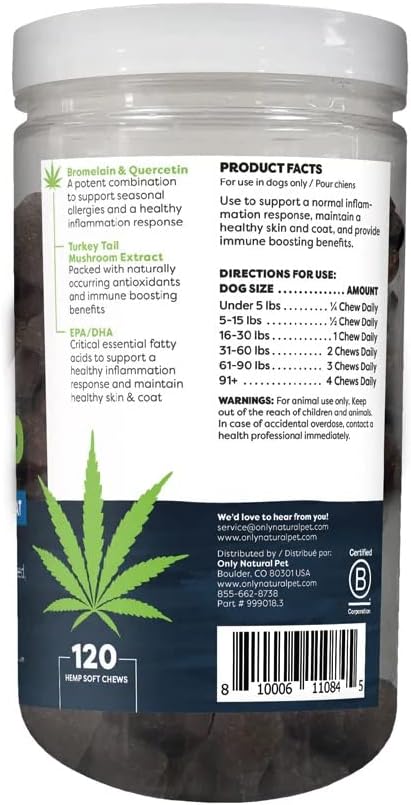 Only Natural Pet Allergy, Skin & Coat Hemp Soft Chews - Allergy Immune Bites for Dogs, Omega 3 Supplement, Hemp Oil - Calming Treats for Itchy Skin Relief, Hot Spot - (120 Count) (Al.)