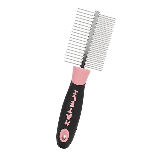 Double-Sided Dog Comb, Pet Detangler Brush for Long & Curly Hair in Dogs & Cats, Dog Grooming Brush Prevents Matted Fur, Dematting Comb for Detangling Matted or Knotted Undercoat Hair (Pink)