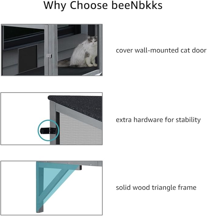 beeNbkks Bug Proof Cat Catio, Window Cat House with Metal Mesh, Outdoor Enclosure for Indoor Pets, Expandable Wooden Perch, Safe Comfortable Haven for Pets, Keep Bugs Insects Out