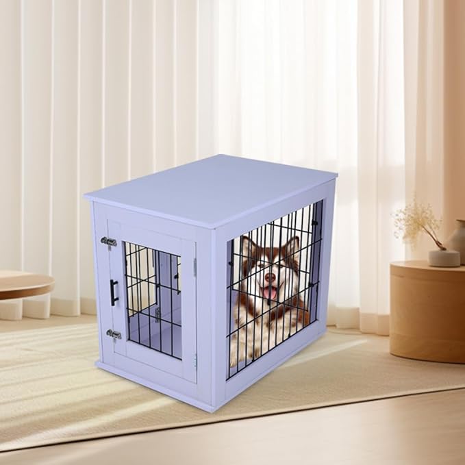 31.5" Heavy Duty Dog Crate for Medium Small Dogs, Furniture Style cage with Double Doors Pet House Wooden Cage Modern Kennel FurnitureIndoor for Dogs up to 85 lb (White)