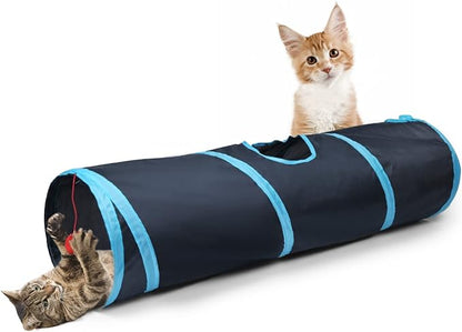 Sheldamy Cat Tunnel, 2-Way Collapsible Play Tunnel, Interactive Toy Maze for Small Animals, Suitable for Kittens, Puppies, Rabbits, Ferrets, Blue & Black
