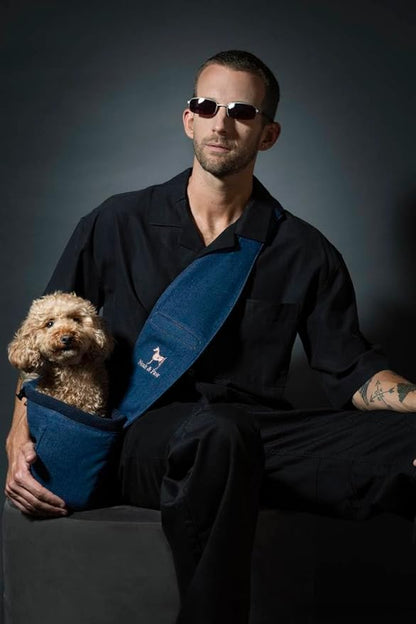 Noah & Paw Dog Sling Carrier for Small Dogs 5-18lb, Dog Sling for Small Dogs and Cats, Dog Carrier with Adjustable Padded Strap, Vegan Denim Lined with Fur, 3X Safety Features, Machine Washable