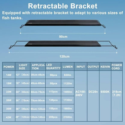 24/7 LED Aquarium Light, IP68 Waterproof Extendable Bracket Fish Tank Light with Timer, 7 Colors, 10 Level Adjustable Brightness, DIY Mode Full Spectrum Aquarium Plant Light for 36-42 Inch Fish Tank