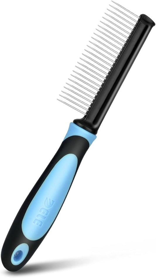 Flexzion Metal Pet Comb for Cats & Dogs - Sturdy Stainless Steel Rounded Teeth with Non-Slip Soft Grip Handle Easy to Use Grooming Detangling Cat Combs for Indoor Cats, Blue