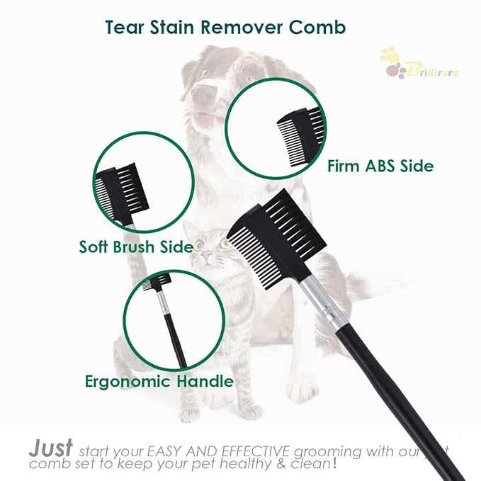 5 Pack Dog Grooming Comb, Pet Flea Lice Cat Combs with Stainless Steel Rounded Teeth, 2-in-1 Double Sided Professional Dogs Tear Stain Remover, Dematting Tool for Small, Medium & Large Pets