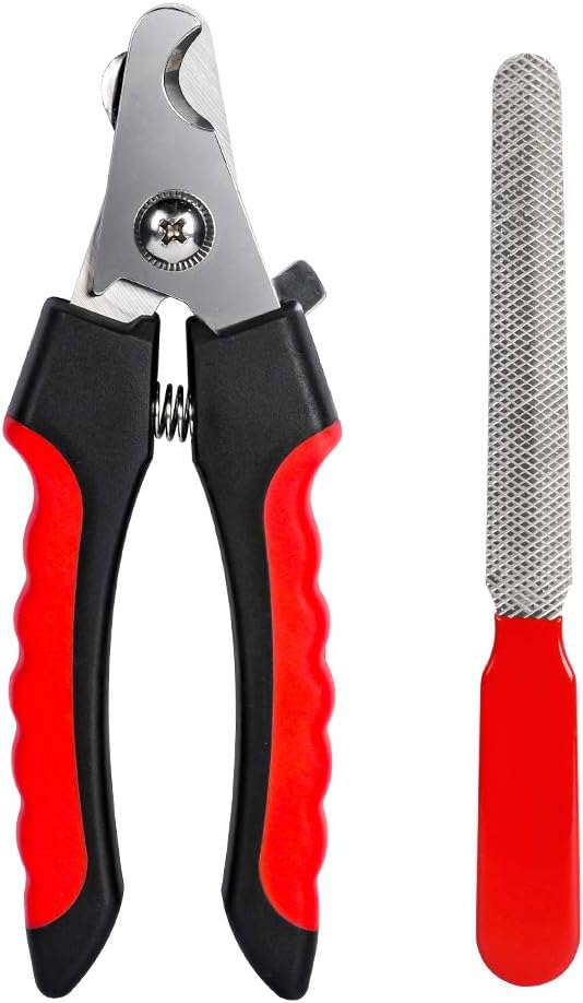 Dog Nails Clippers Trimmer with Safety Guard to Avoid Over-Cutting, Razor Sharp Blades with Bonus Dog Nail File, Cat Claw Clippers with Sturdy Non Slip Handles for Pets Dog Catï¼_ed & Blackï¼