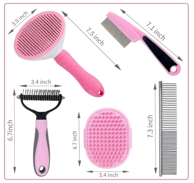Dog Grooming Kit  Pink Deshedding Brush for Short Hair Dogs, Slicker Brush, Flea Comb & Puppy Brush Set  Gentle Grooming Tools for Small & Medium Breeds