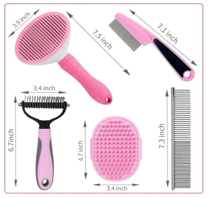 Dog Grooming Kit  Pink Deshedding Brush for Short Hair Dogs, Slicker Brush, Flea Comb & Puppy Brush Set  Gentle Grooming Tools for Small & Medium Breeds