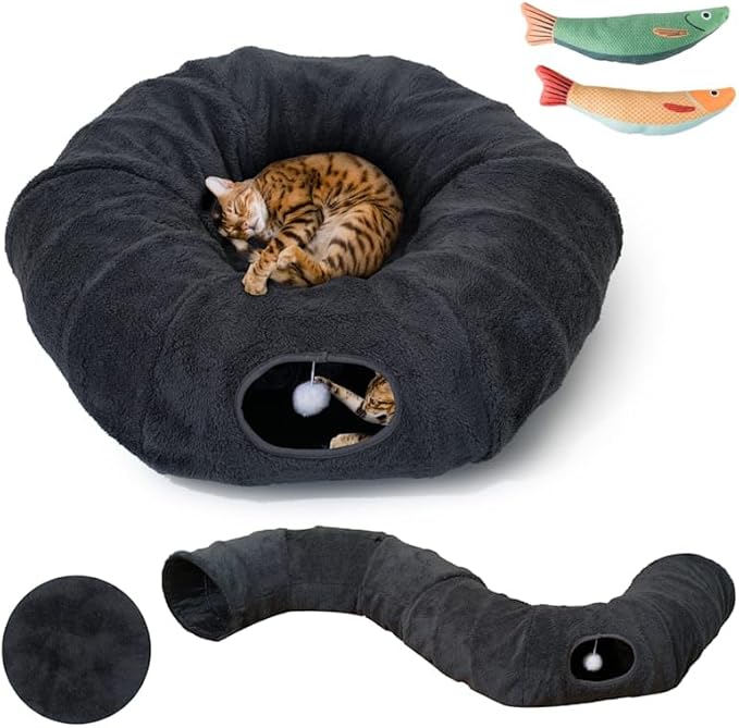 R1M Cat Tunnel Bed for Indoor Cats, Cute Cat Donut Tunnel Toys for Small, Larger Cats with Two Fish Cat Toys, Round Pet Peekaboo Cave Toy for Kitten, Dark Grey