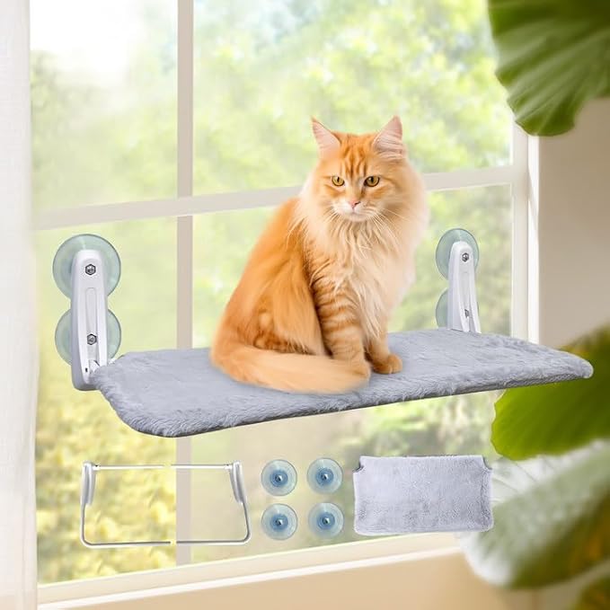 L&W BROS. Cat Window Perch Indoor Foldable Hammock with 4 Updated Suction Cups Easy to Assemble for Heavy Large Cats (M 1Pc)